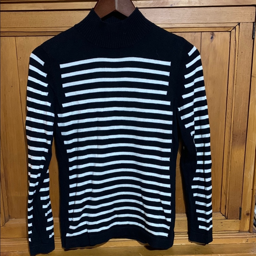 J. McLaughlin Black and White Cowl Neck Sweater with Stripes